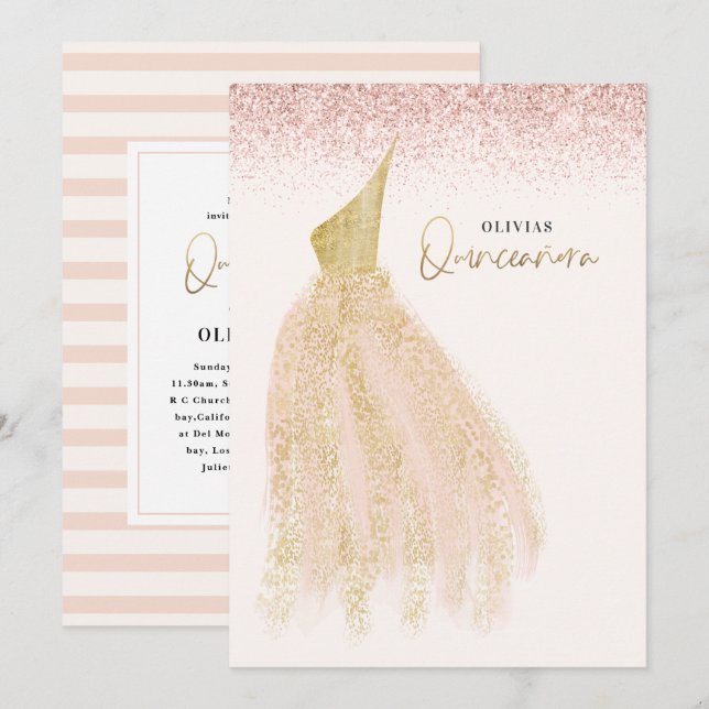 Invitación Quinceañera Vestimenta purpurina rosa (Anverso / Reverso)