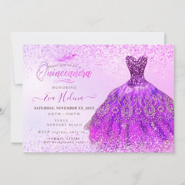 Invitación Quinceañera, vestimenta Purpurinas magenta (Anverso)