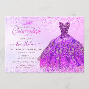 Invitación Quinceañera, vestimenta Purpurinas magenta