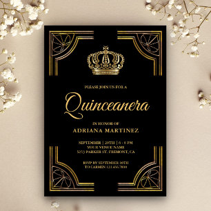 Invitación Quinceanera vintage de la corona de oro negro