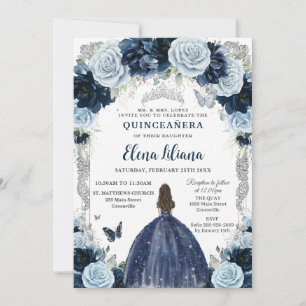 Invitación Quinceañera Vintage Floral Azul Marino Bebé Plata