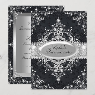 Invitación Quinceañera Vintage Glamour Negro y Perla Plateada