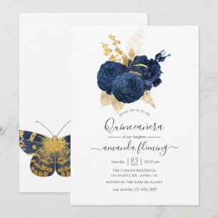 Invitación Quinceañera Vintage Rosa Azul Marino y Dorado