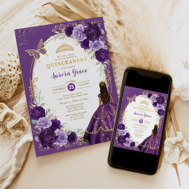 Invitación Quinceañera Violet Lilac Gold Floral Mariposa (Subido por el creador)