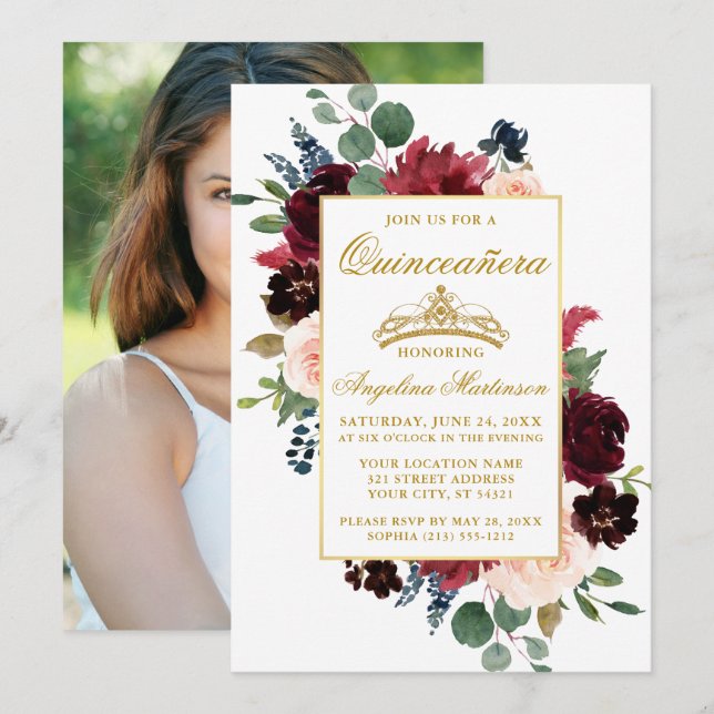 Invitación Quinceanera Watercolor Borgoña Foto Floral Rosa (Anverso / Reverso)