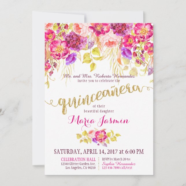 Invitación Quinceanera Watercolor Floral Gold Purpurina (Anverso)