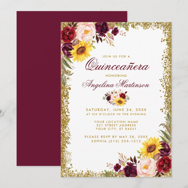 Invitación Quinceanera Watercolor Floral Gold Purpurina (Anverso / Reverso)
