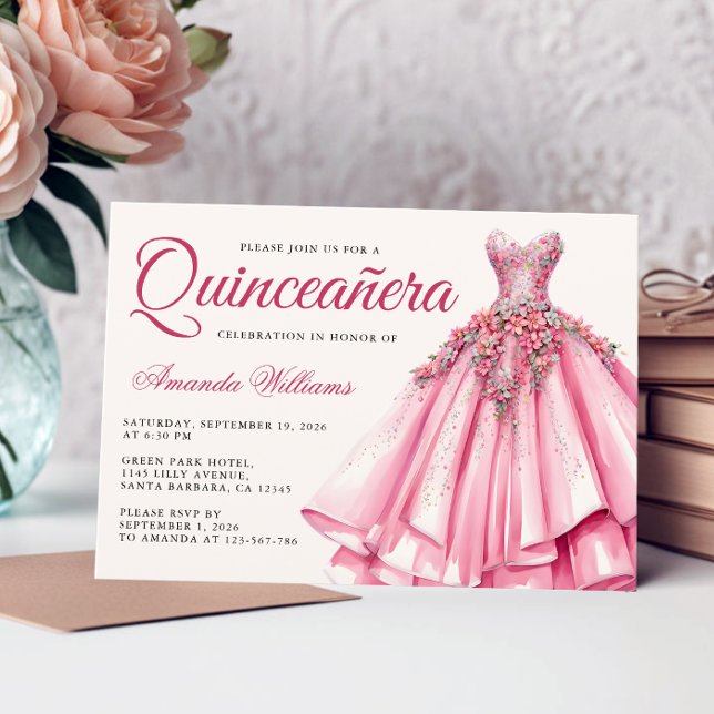 Invitación Quinceanera Watercolor Rosa Gold Gown (Subido por el creador)