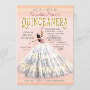 Invitación Quinceanera Watercolor Vestido Rubor Oro Rosa