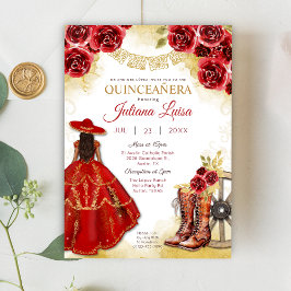 Invitación Quinceañera Western Red Gold Charra Floral Boots