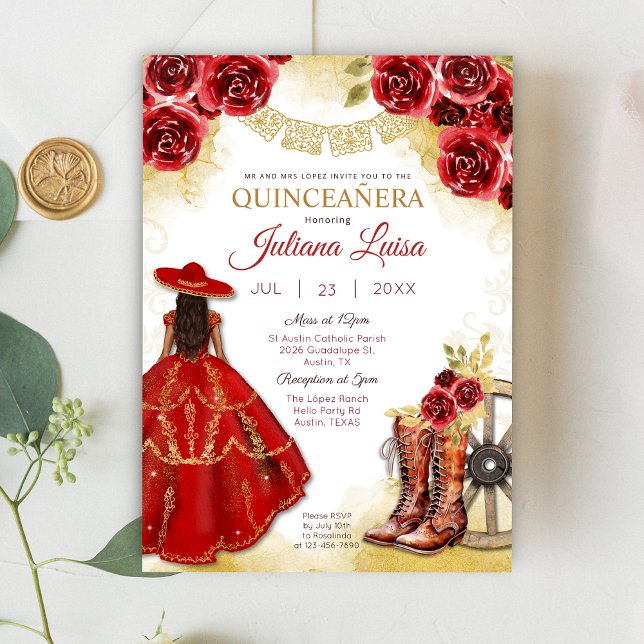 Invitación Quinceañera Western Red Gold Charra Floral Boots (Subido por el creador)
