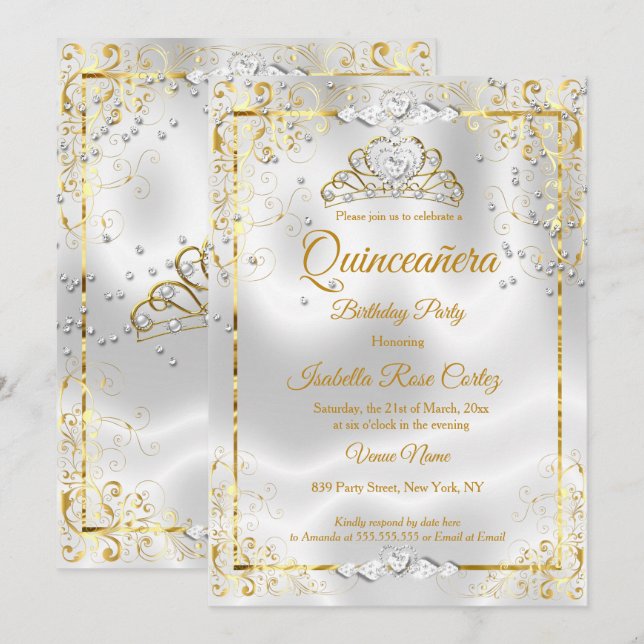 Invitación Quinceanera White Gold Corazón de Diamantes Tiara (Anverso / Reverso)
