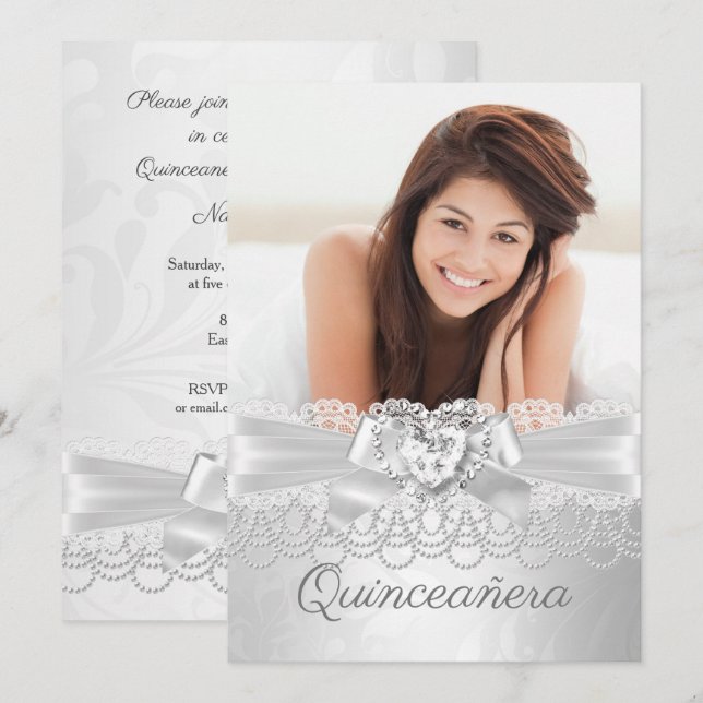 Invitación Quinceanera White Lace Damask Diamond Heart (Anverso / Reverso)
