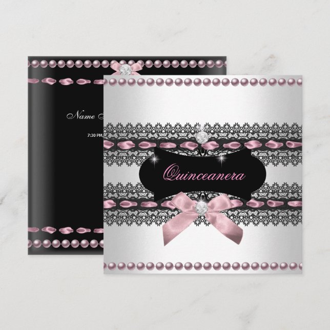Invitación Quinceanera White Pink Black Lace Pearl (Anverso / Reverso)