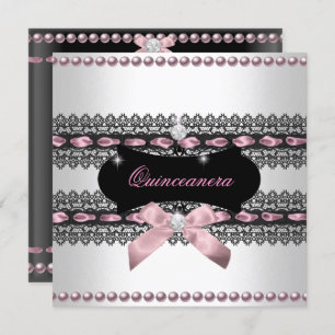 Invitación Quinceanera White Pink Black Lace Pearl