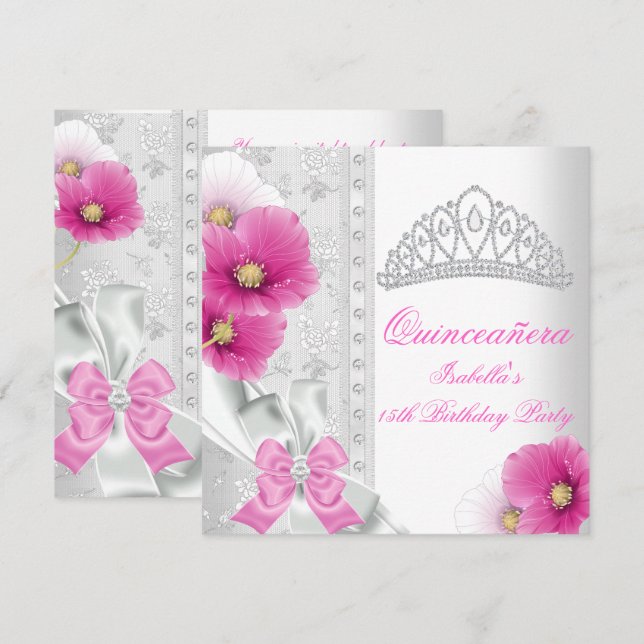 Invitación Quinceañera White Pink Floral Diamante Tiara (Anverso / Reverso)