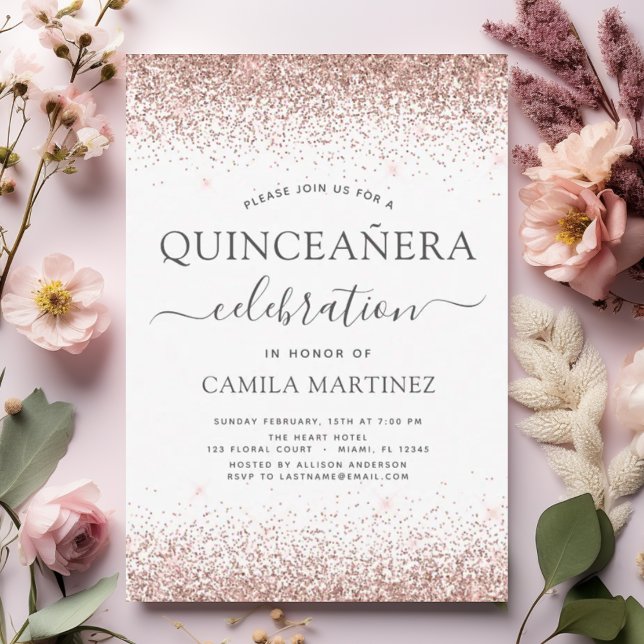 Invitación Quinceanera White Rose Gold Rubor Pink (Subido por el creador)
