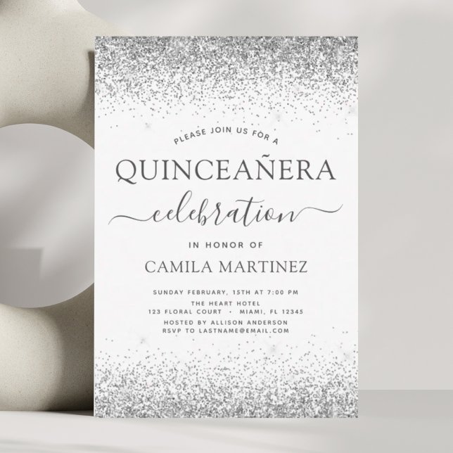 Invitación Quinceanera White Silver Purpurina moderno (Subido por el creador)