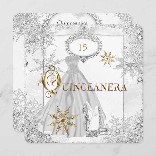 Invitación Quinceanera White Silver Snowflakes Tiara (Anverso / Reverso)
