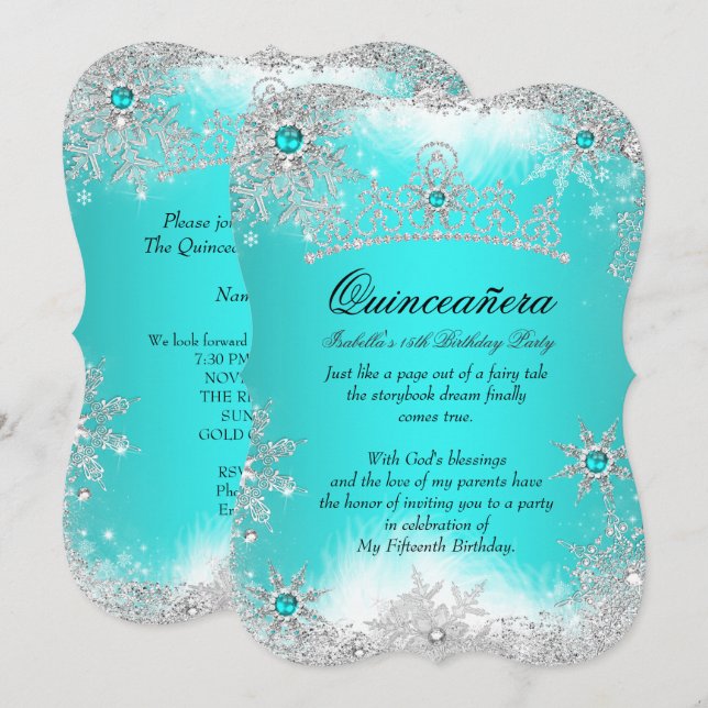 Invitación Quinceanera Winter Wonderland Aqua White Snow (Anverso / Reverso)