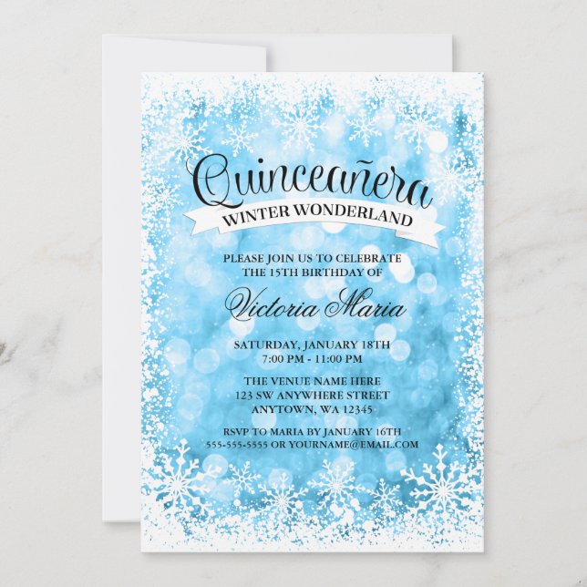 Invitación Quinceanera Winter Wonderland Blue Sparkle (Anverso)