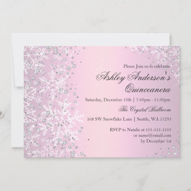Invitación Quinceanera Winter Wonderland Copos de nieve rosad (Anverso)