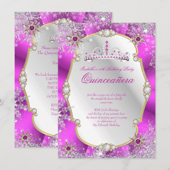Invitación Quinceanera Winter Wonderland Plata de Oro Calient (Anverso / Reverso)