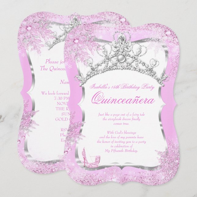 Invitación Quinceanera Winter Wonderland Plata Talones Rosado (Anverso / Reverso)