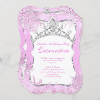 Invitación Quinceanera Winter Wonderland Plata Talones Rosado