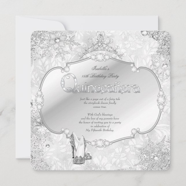 Invitación Quinceanera Winter Wonderland Silver Snowflake B (Anverso)