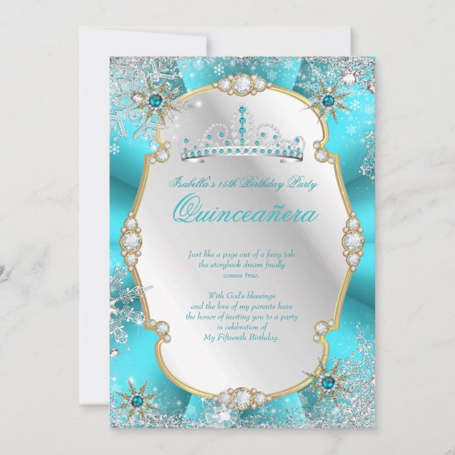 Invitación Quinceanera Winter Wonderland Verde azulada Gold S (Anverso)