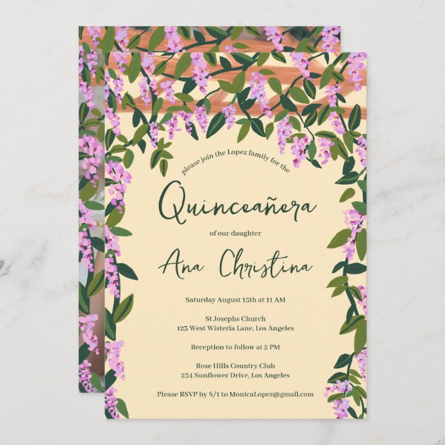 Invitación Quinceañera Wisteria Vines Floral Personalizado Fo (Anverso / Reverso)