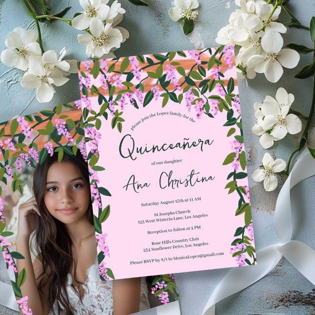 Invitación Quinceañera Wisteria Vines Floral Personalizado Fo (Quinceañera Wisteria Vines Floral Custom Photo 15th Birthday Party  Invitation
)