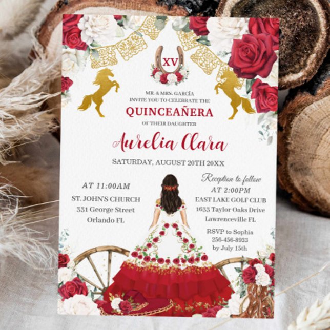 Invitación Quinceañera XV 15 Caballos Florales Blancos Charro (quinceanera-mis-quince-charro-western-boots-horses-red-roses-floral-princess-dress-birthday-invite)
