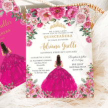 Quinceanera XV de oro floral rosa de fucsia dulce