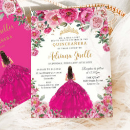 Invitación Quinceanera XV de oro floral rosa de fucsia dulce