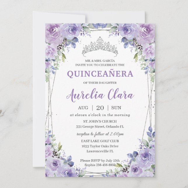 Invitación Quinceañera XV Morado Lilac Floral Plata Crown (Anverso)