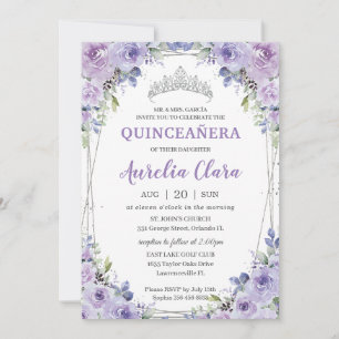 Invitación Quinceañera XV Morado Lilac Floral Plata Crown