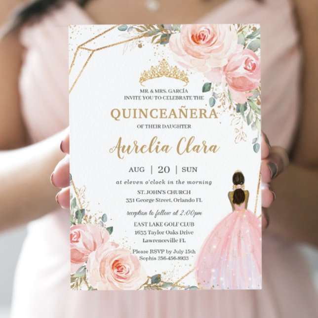 Invitación Quinceañera XV Princesa Marrón Floral Rosa Rubor (Subido por el creador)