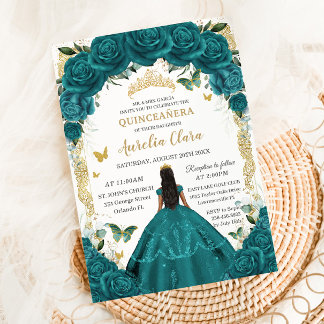Invitación Quinceañera XV Vestido Verde azulado Floral Verde