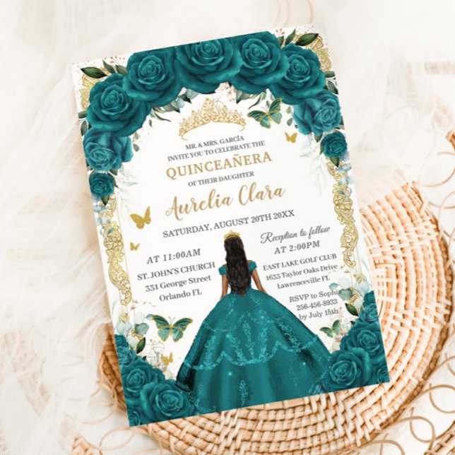 Invitación Quinceañera XV Vestido Verde azulado Floral Verde  (Subido por el creador)