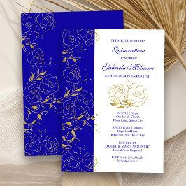 Invitación Quinceanera y floral de oro y azul y de masa real