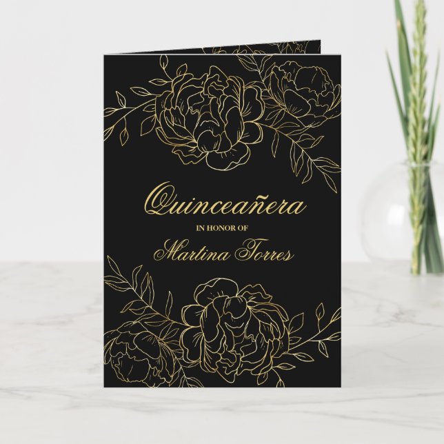 Invitación Quinceanera y floral de oro y negro de masa (Anverso)