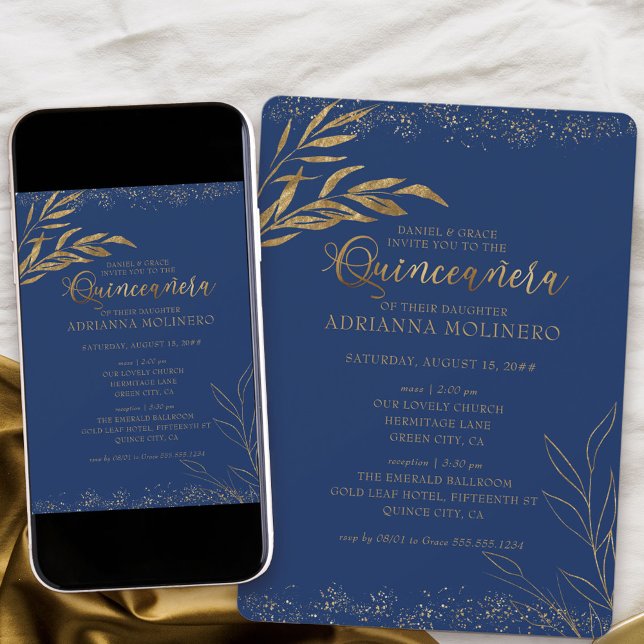 Invitación Quinceanera y hojas de oro reales y masivas (Elegant invitation to Quinceanera and church ceremony in blue from my Gold Leaf Collection
)