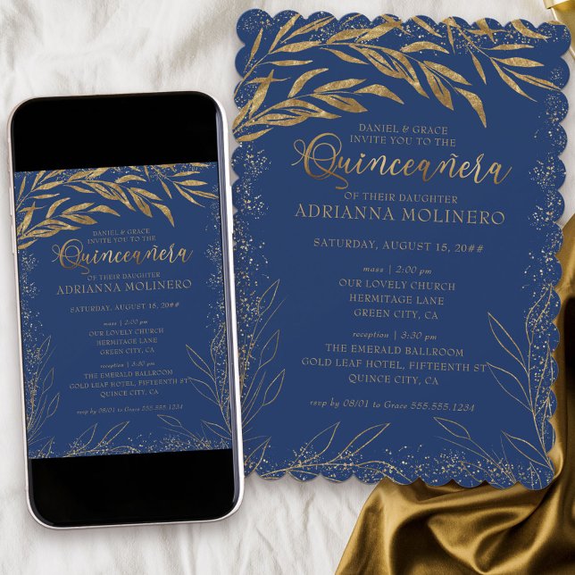 Invitación Quinceanera y hojas de oro y azules de misa real (Elegant invitation to Quinceanera and church ceremony in blue from my Gold Leaf Collection)