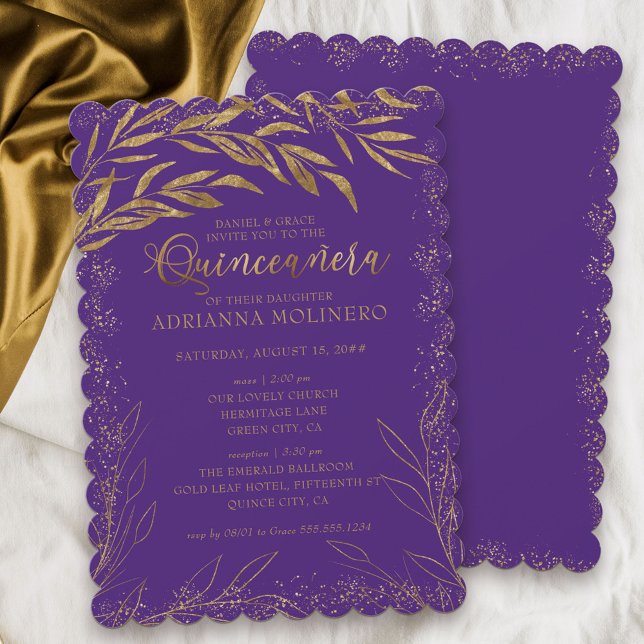 Invitación Quinceanera y hojas de oro y morado de lujo masivo (Elegant invitation to Quinceanera and church ceremony in purple from my Gold Leaf Collection
)
