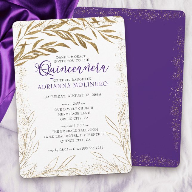Invitación Quinceanera y hojas de oro y morado de lujo masivo (Elegant invitation to Quinceanera & church blessing white, purple and gold - my Gold Leaf Collection)