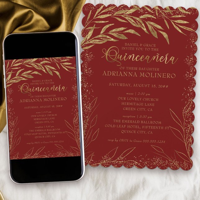 Invitación Quinceanera y hojas de oro y rojas masivas (Elegant invitation to Quinceanera and church ceremony in red and gold from my Gold Leaf Collection)