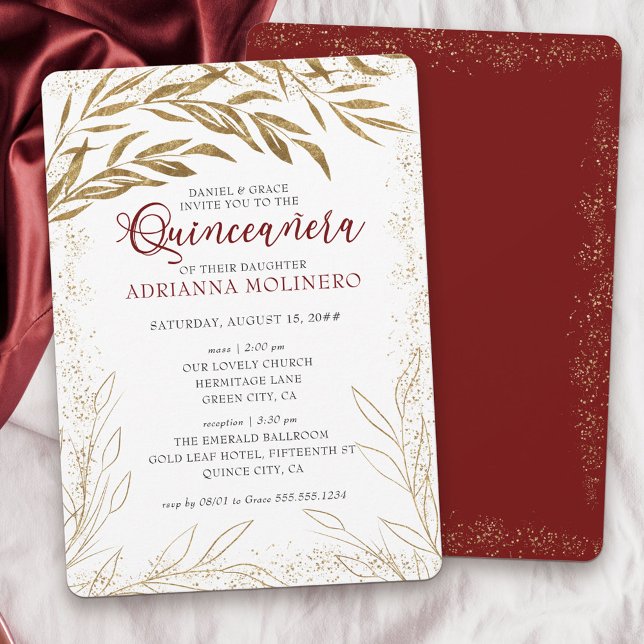 Invitación Quinceanera y hojas de oro y rojo de lujo masivo (Elegant invitation to Quinceanera & church blessing white, red and gold from my Gold Leaf Collection)