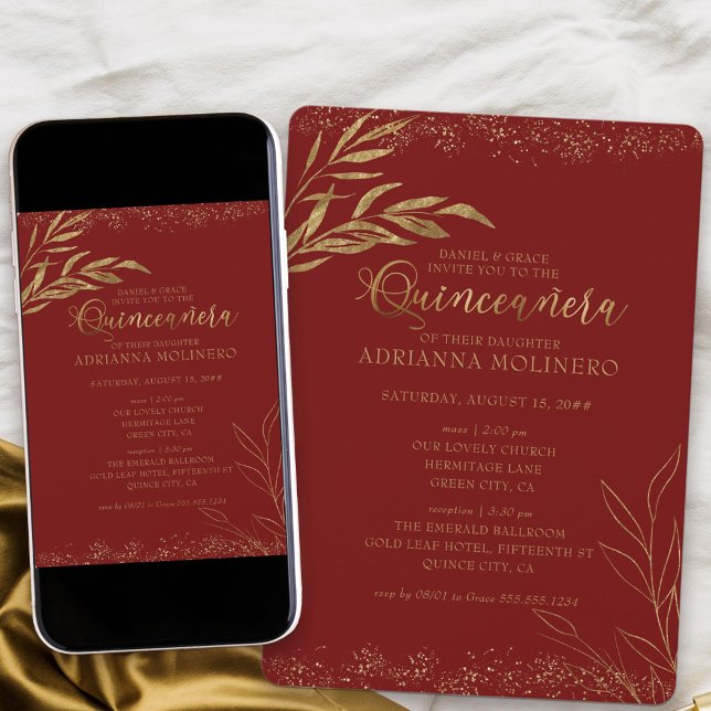 Invitación Quinceanera y hojas de oro y rojo y masivas (Elegant invitation to Quinceanera and church ceremony in red and gold from my Gold Leaf Collection)